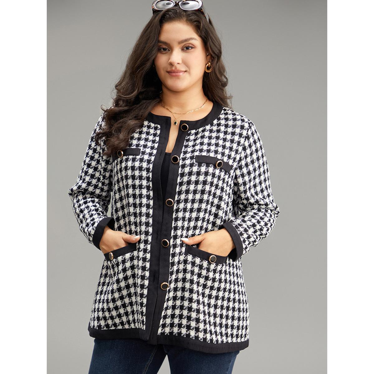 Plus Size Twill Houndstooth Button Detail Pocket Coat Women Black Elegant Texture Ladies Everyday Winter Coats BloomChic 10/M Product Image