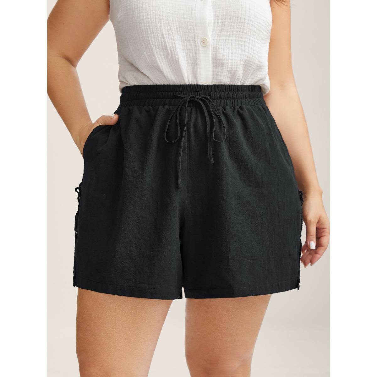 Plus Size Lace Trim Waist Drawstring Shorts Women Black Vacation Shorts BloomChic 18-20/2X Product Image