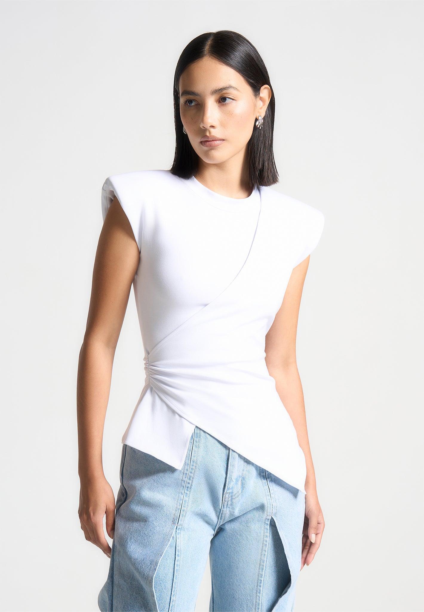 Wide Shoulder Ruched Waist Top - White Female Product Image
