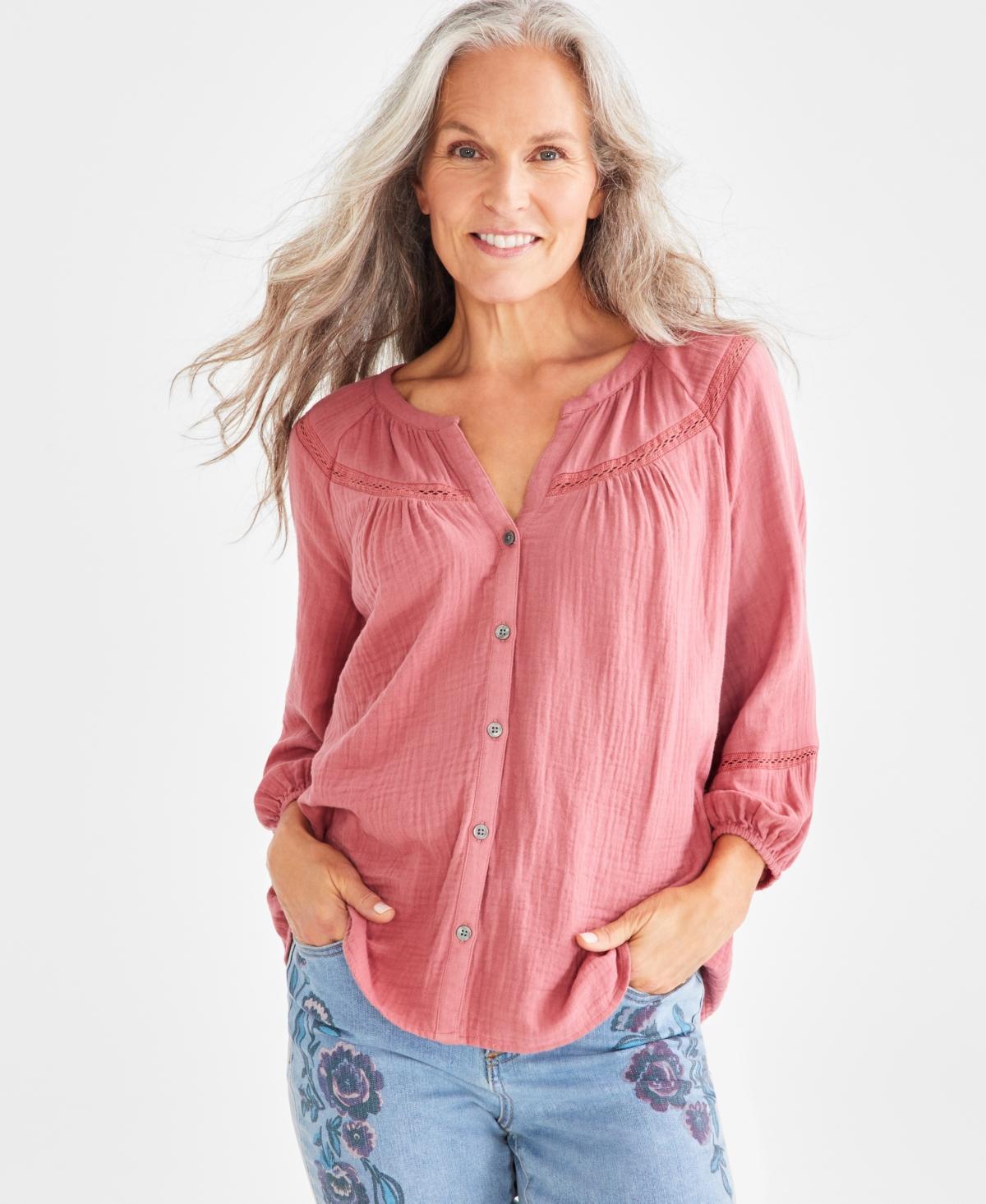 Style & Co Womens Cotton Button-Front Lace-Trim Top, Created for Macys Product Image