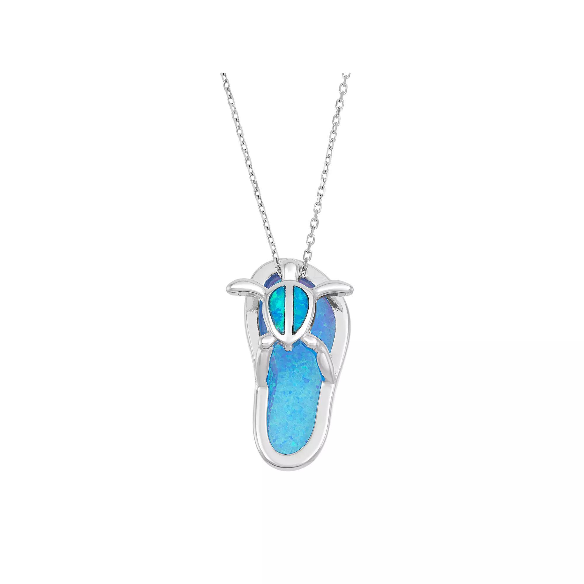Lab-Created Blue Opal Sterling Silver Turtle & Flip-Flop Pendant Necklace, Women's, Size: 18" Product Image