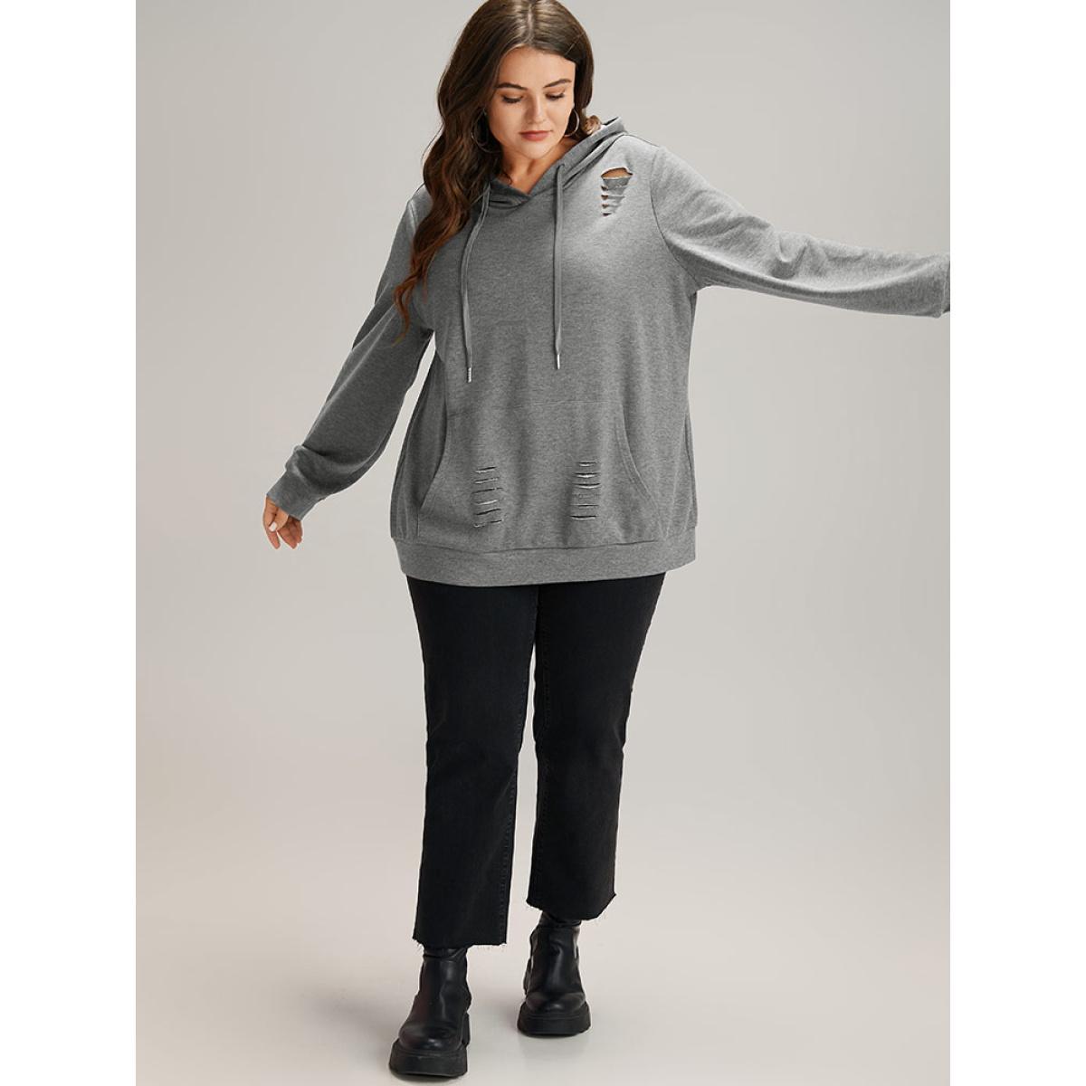 Plus Size Plain Distressed Hooded Drawstring Sweatshirt Women DimGray Casual Elastic cuffs Hooded Dailywear Sweatshirts BloomChic 26/4X Product Image