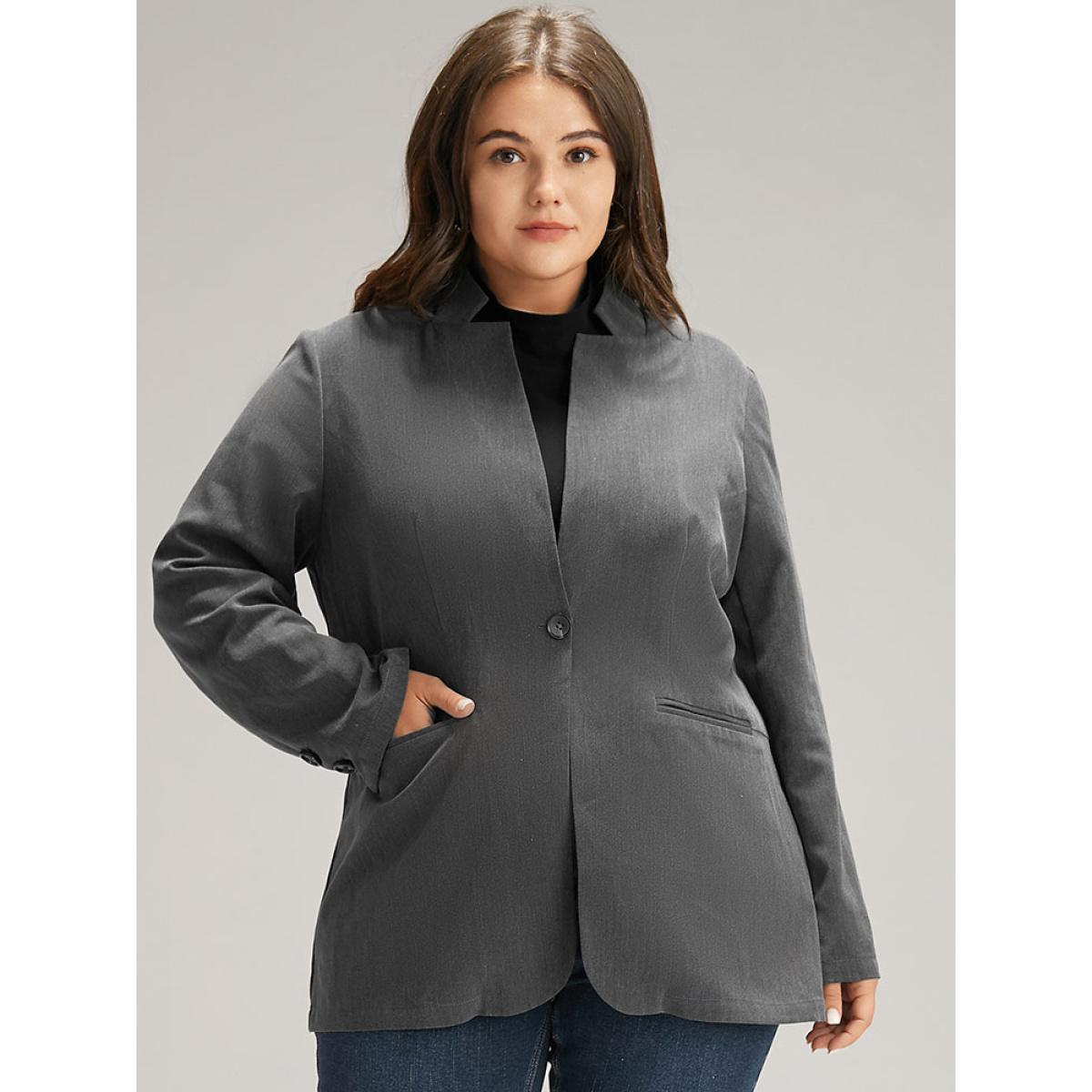 Plus Size Stand Collar Button Up Pocket Blazer Gray Women Work Plain Plain Sleeve Long Sleeve Stand-up collar 26/4X Pocket Office Blazers BloomChic Product Image