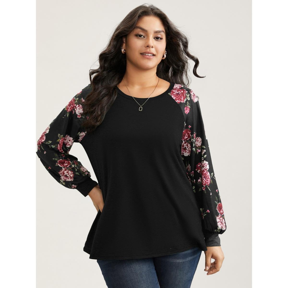 Plus Size Floral Patchwork Crew Neck Raglan Sleeve T-shirt Black Women Elegant Printed Floral Round Neck Dailywear T-shirts BloomChic 10/M Product Image