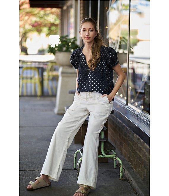 Lucky Brand Woven Polka Dot Split Notch V-Neck Short Puff Sleeve Blouse Product Image