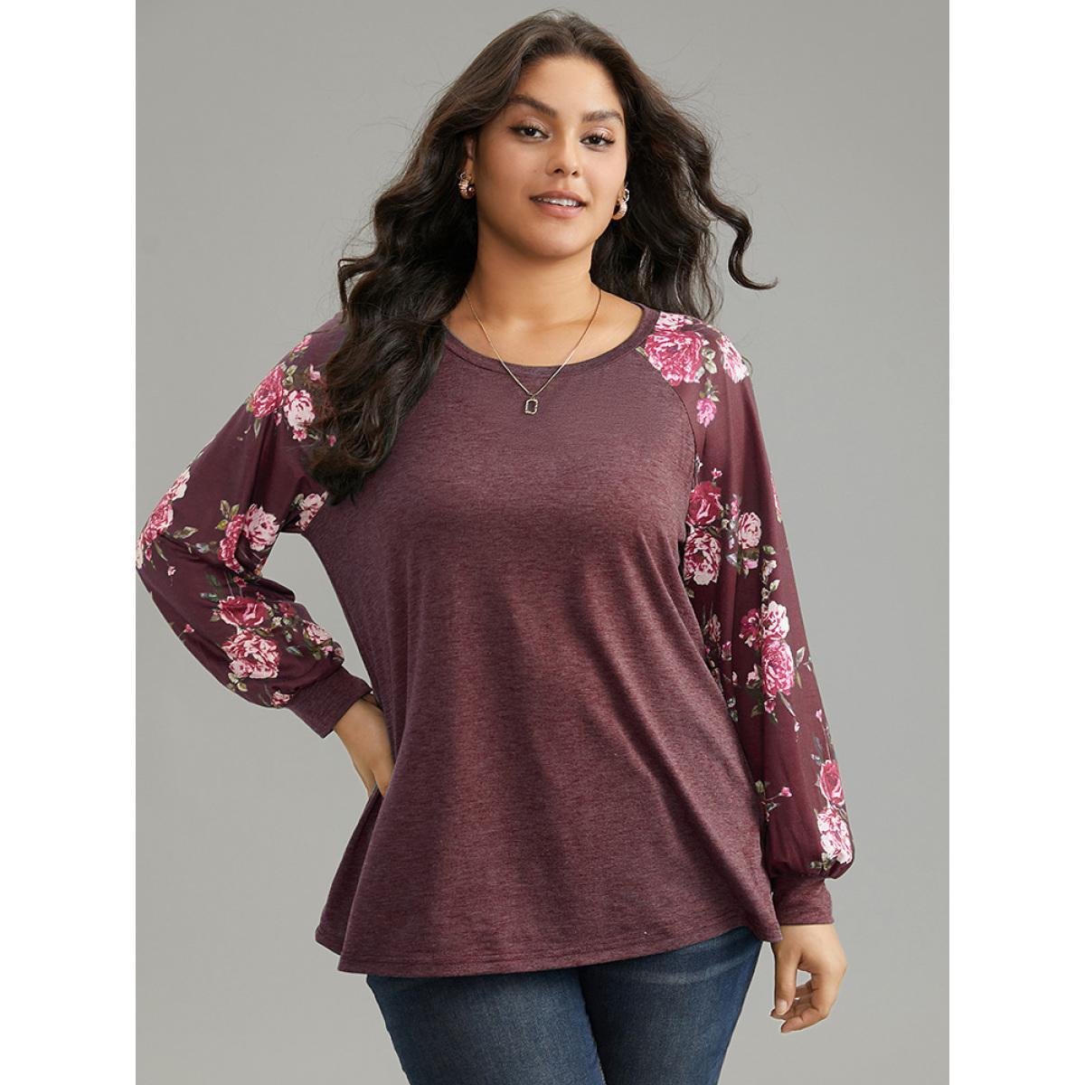 Plus Size Floral Patchwork Crew Neck Raglan Sleeve T-shirt Russet Women Elegant Printed Floral Round Neck Dailywear T-shirts BloomChic 12/L Product Image