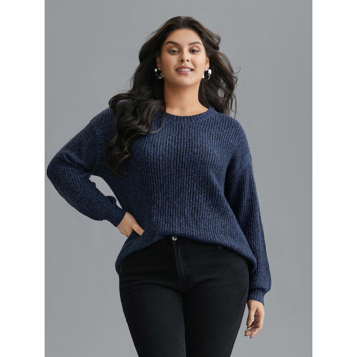 Plus Size Back Cut-Out Textured Drop Shoulder Sleeve Pullover Indigo Women Casual Loose Long Sleeve Round Neck Everyday Pullovers BloomChic 22-24/3X Product Image
