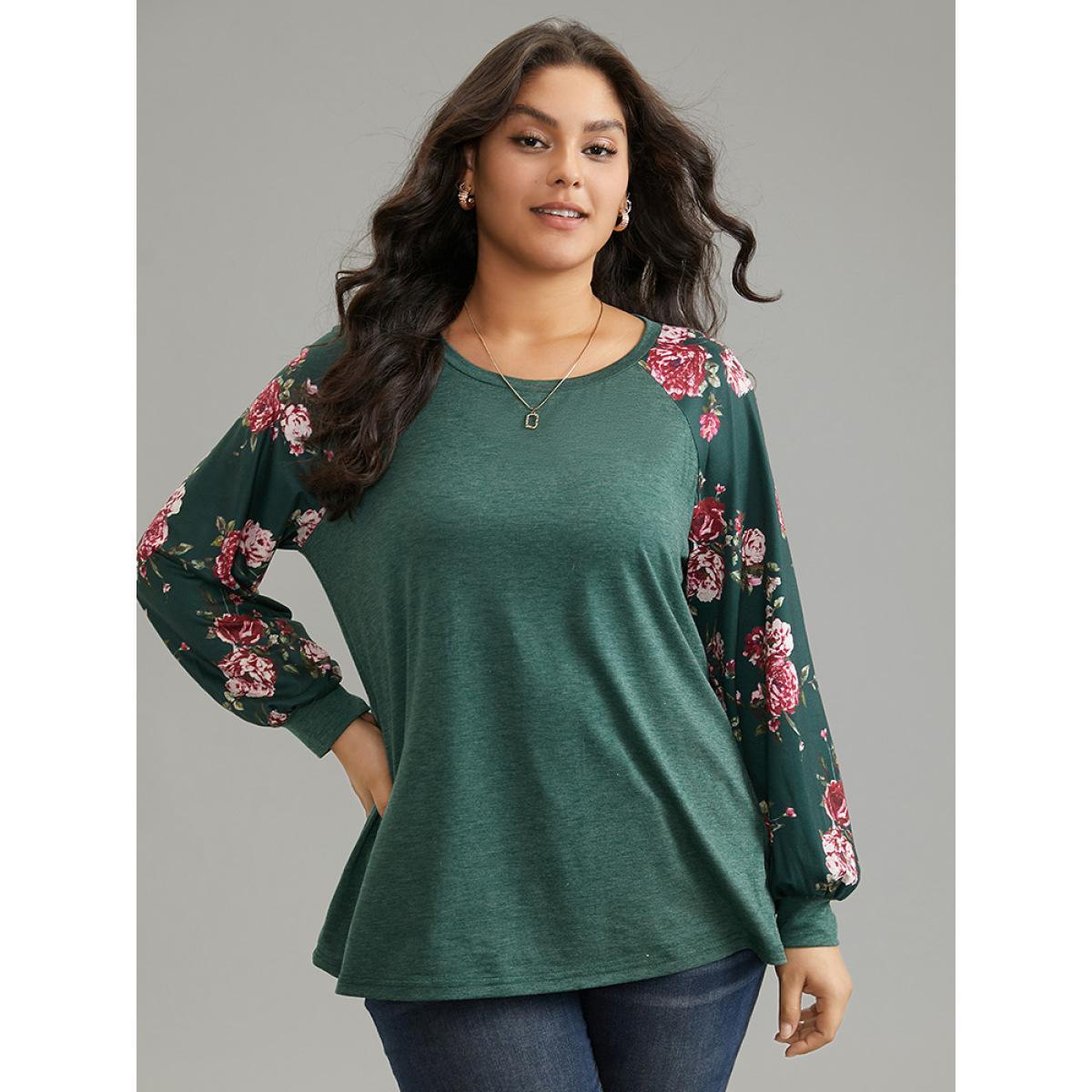 Plus Size Floral Patchwork Crew Neck Raglan Sleeve T-shirt DarkGreen Women Elegant Printed Floral Round Neck Dailywear T-shirts BloomChic 12/L Product Image