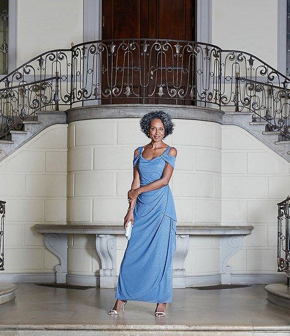 Alex Evenings Glitter Mesh Cowl Neck Cold Shoulder Cap Sleeve Side Slit Ruched Gown Product Image