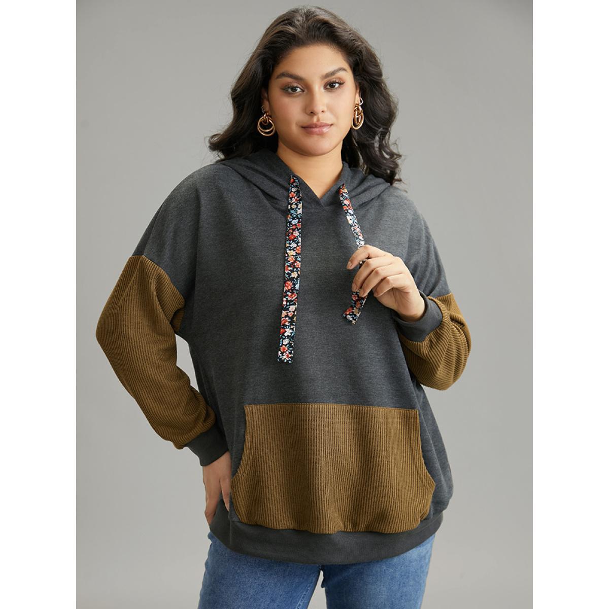 Plus Size Rib Knit Patchwork Ditsy Floral Ties Sweatshirt Women Gray Elegant Rib Knit Hooded Dailywear Sweatshirts BloomChic 14-16/1X Product Image