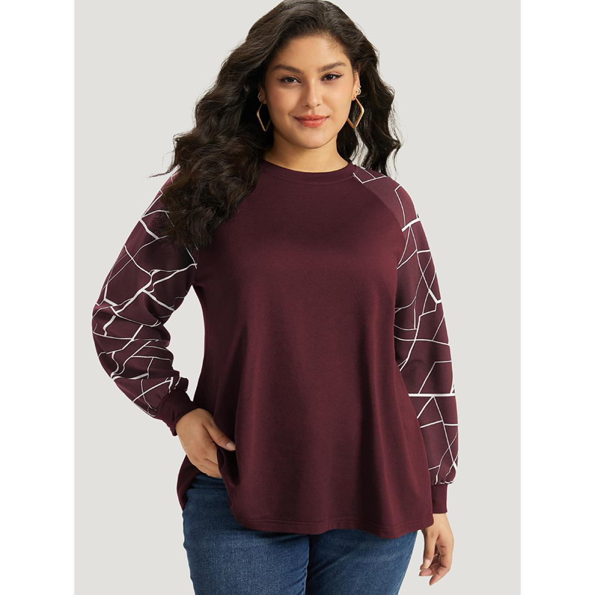 Plus Size Geometric Round Neck Raglan Sleeve Sweatshirt Women Burgundy Casual Elastic cuffs Round Neck Dailywear Sweatshirts BloomChic 14-16/1X Product Image