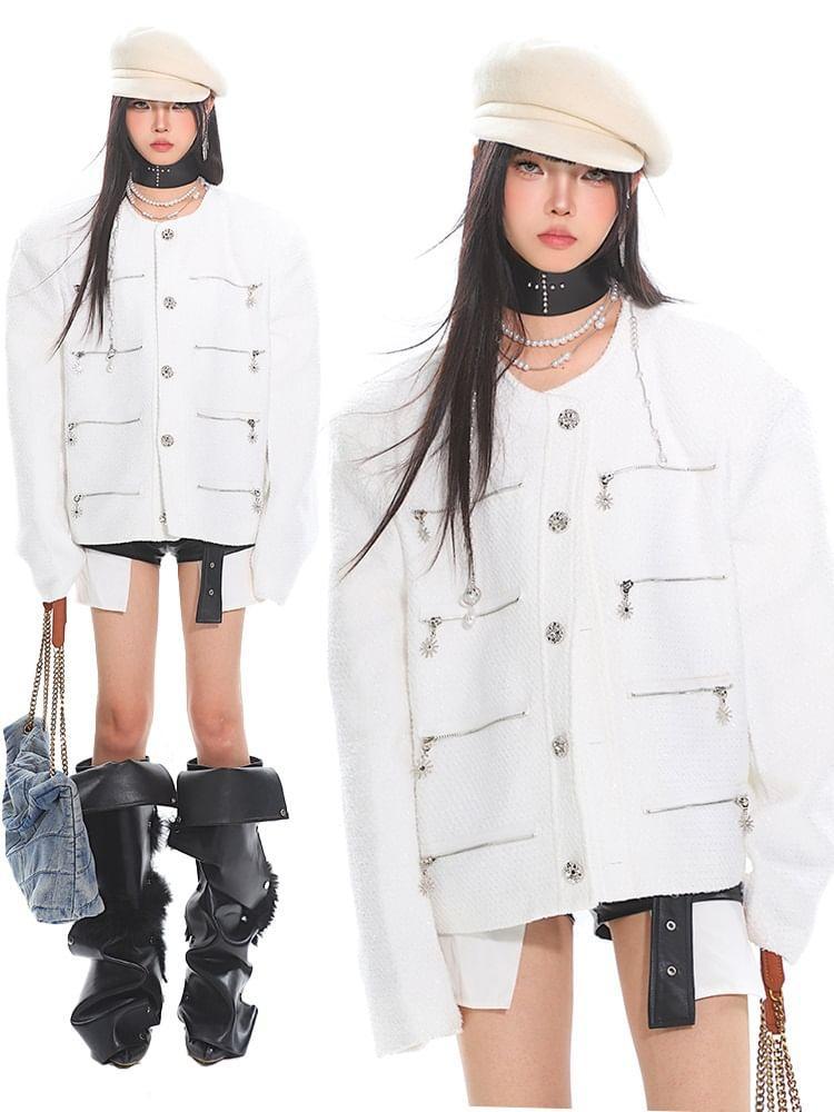 Round Neck Plain Multi-Zip Button Jacket Product Image
