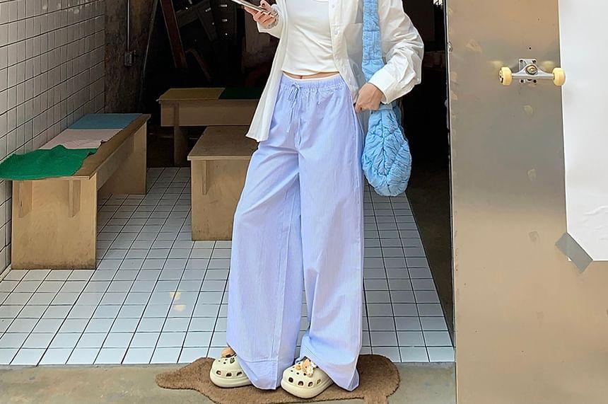 Scoop Neck Plain Tank Top / Long-Sleeve Collared Shirt / Drawstring Waist Striped Wide Leg Pants Product Image