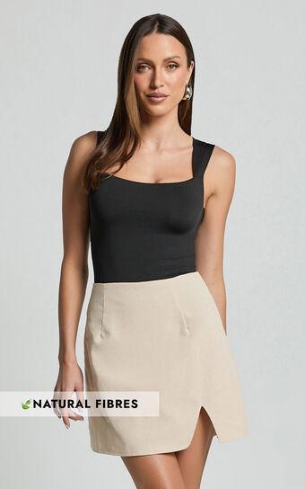 Mindy Mini Skirt - Linen Look A Line Side Split Skirt in Oatmeal Product Image