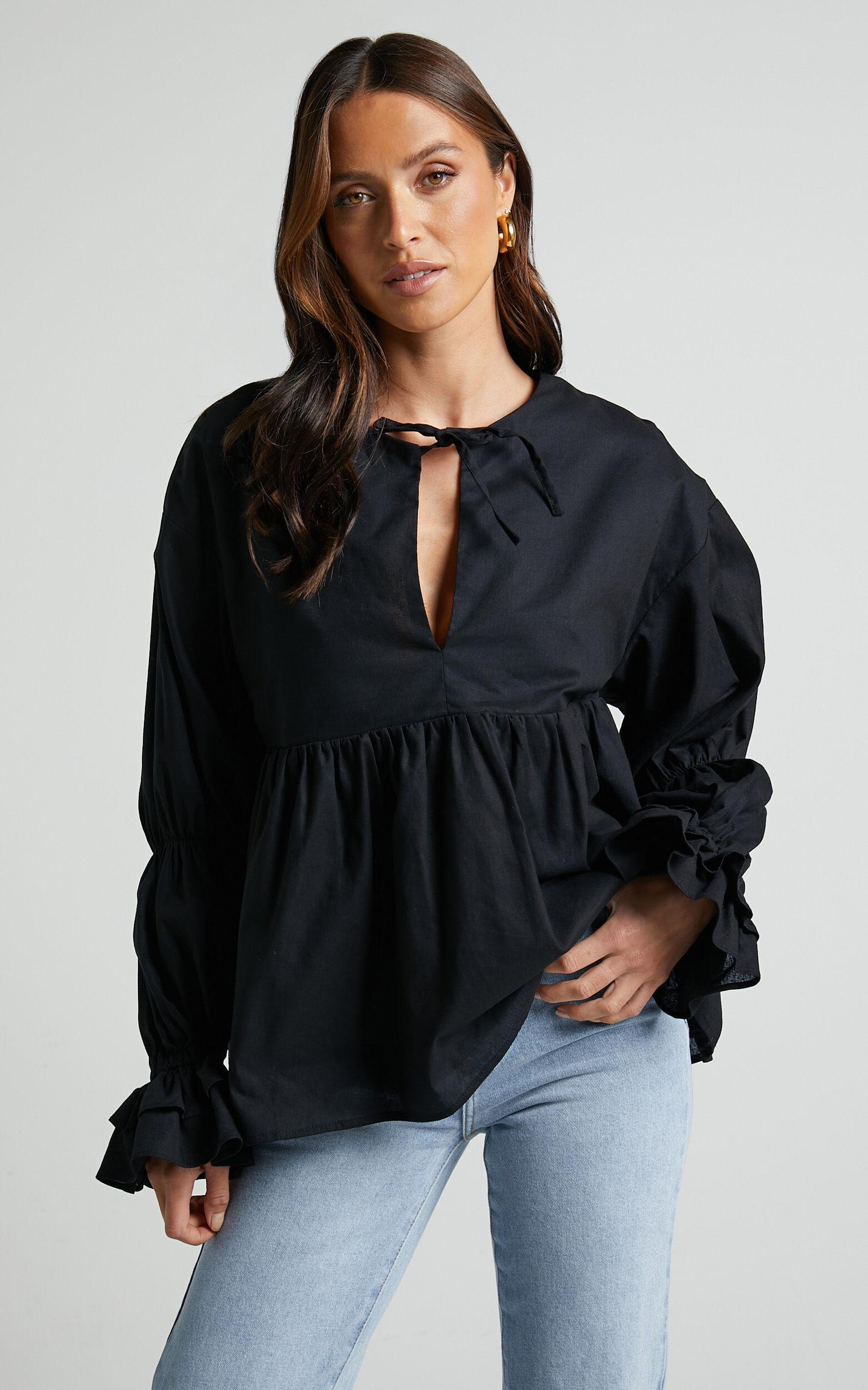 Arthur Top - Linen Look Long Sleeve V Neck Tiered Top in Black Product Image
