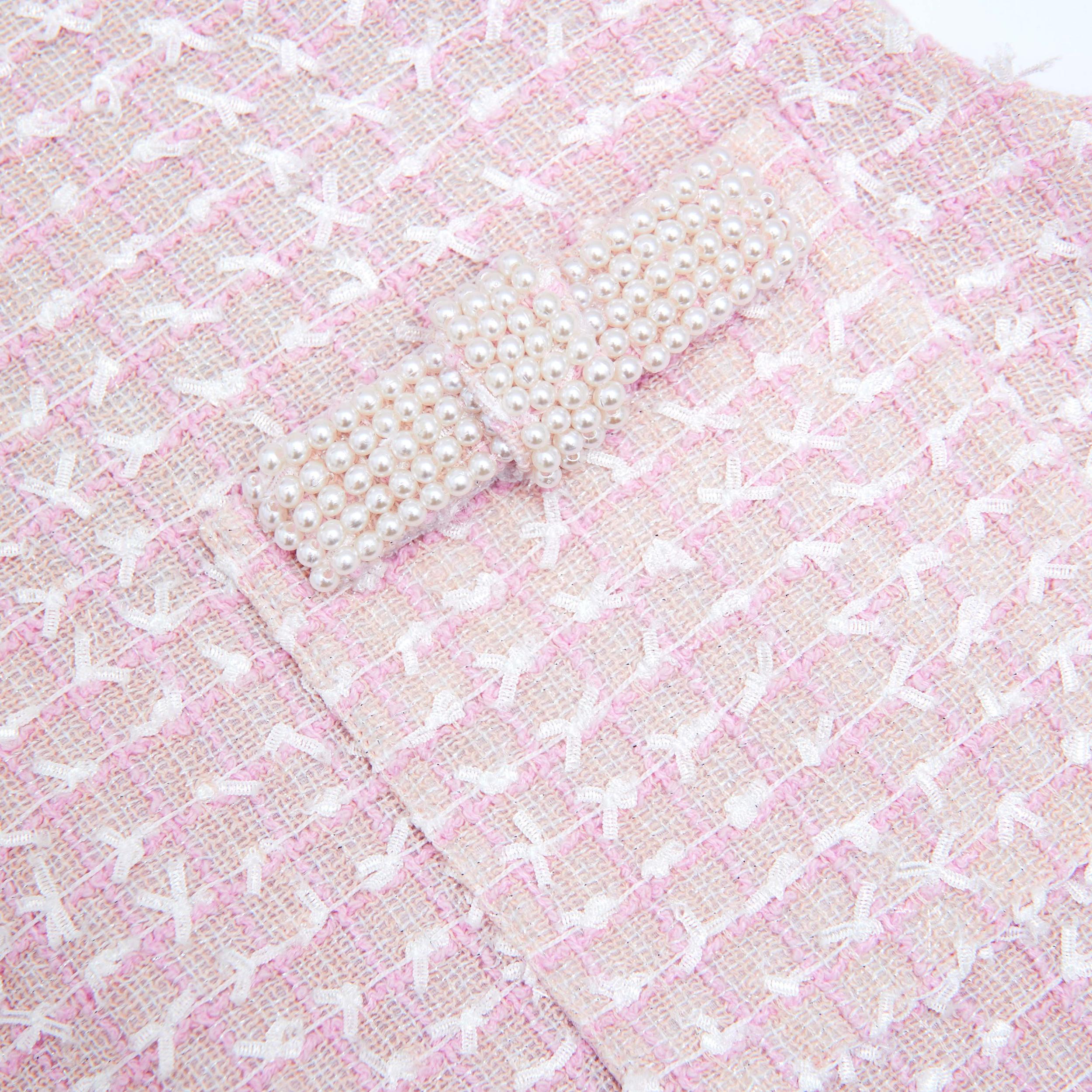 Pink Boucle Pearl Trim Mini Dress Product Image