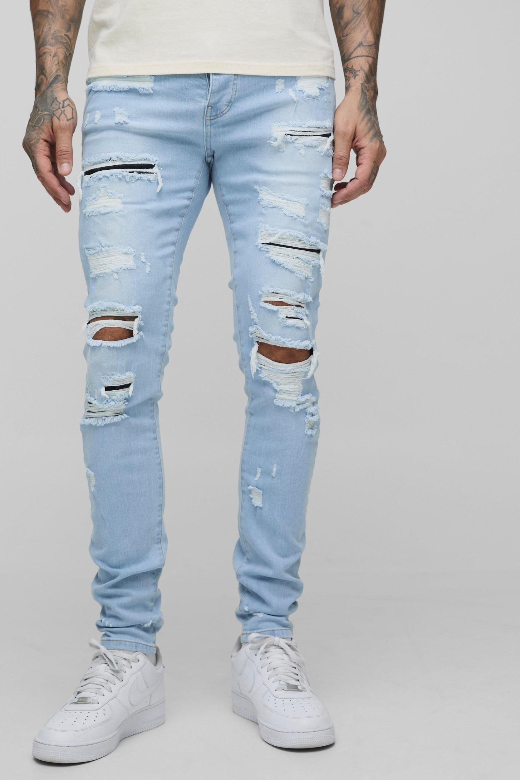 Mens Tall Skinny Stretch All Over Rip Bleached Jeans - Grey Product Image