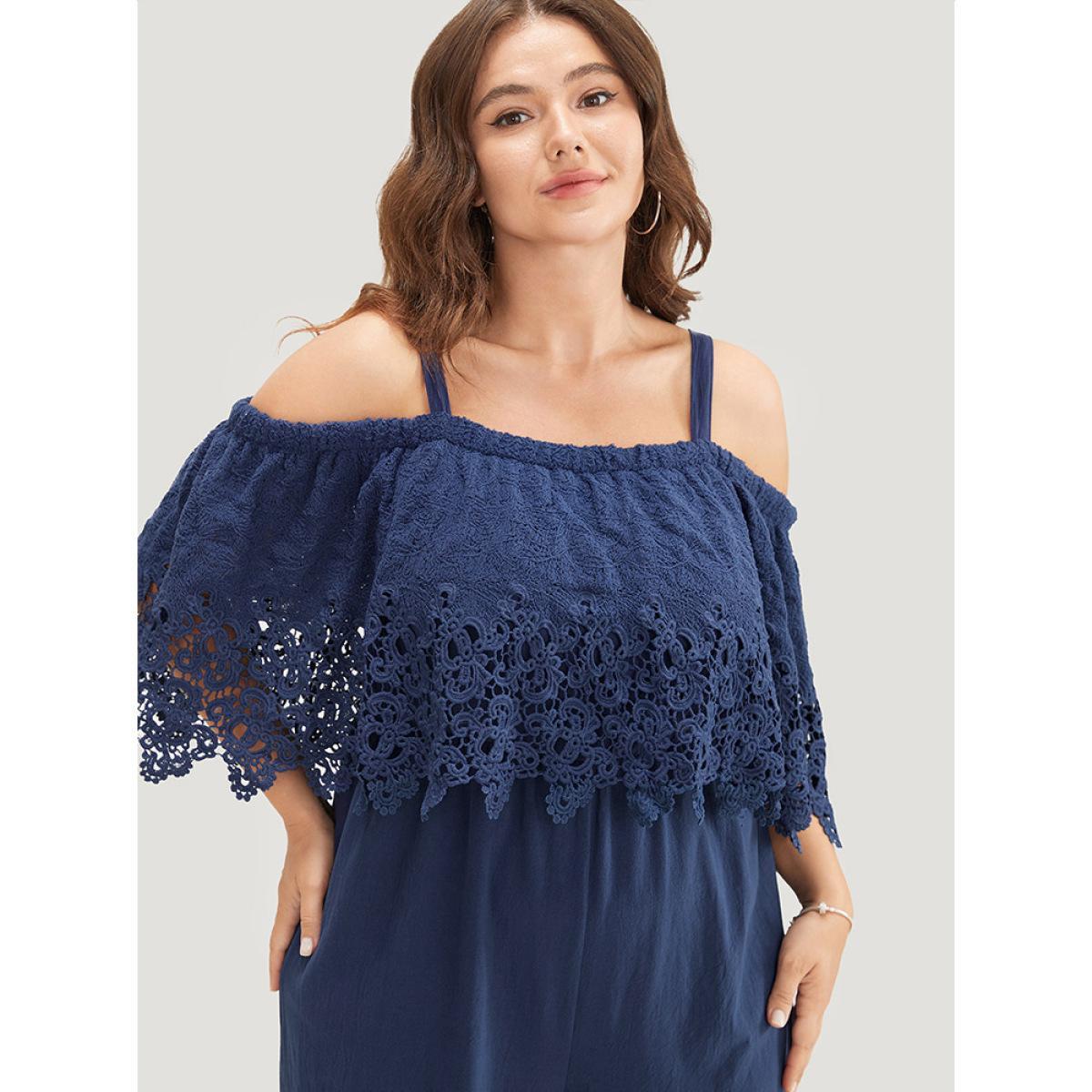 Plus Size Navy Plain Lace Trim Pocket Cold Shoulder Jumpsuit Women Elegant Short sleeve Cold Shoulder Dailywear Loose Jumpsuits BloomChic 22-24/3X Product Image