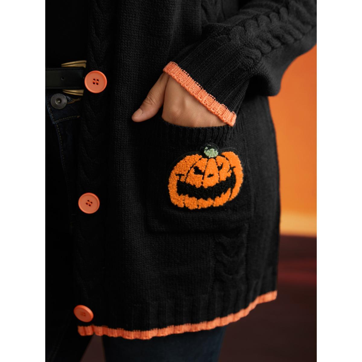 Plus Size Pumpkin Pocket Embroidered Contrasting Cardigan - For Halloween Black Women Casual Loose Long Sleeve Everyday Cardigans BloomChic 28/5X Product Image