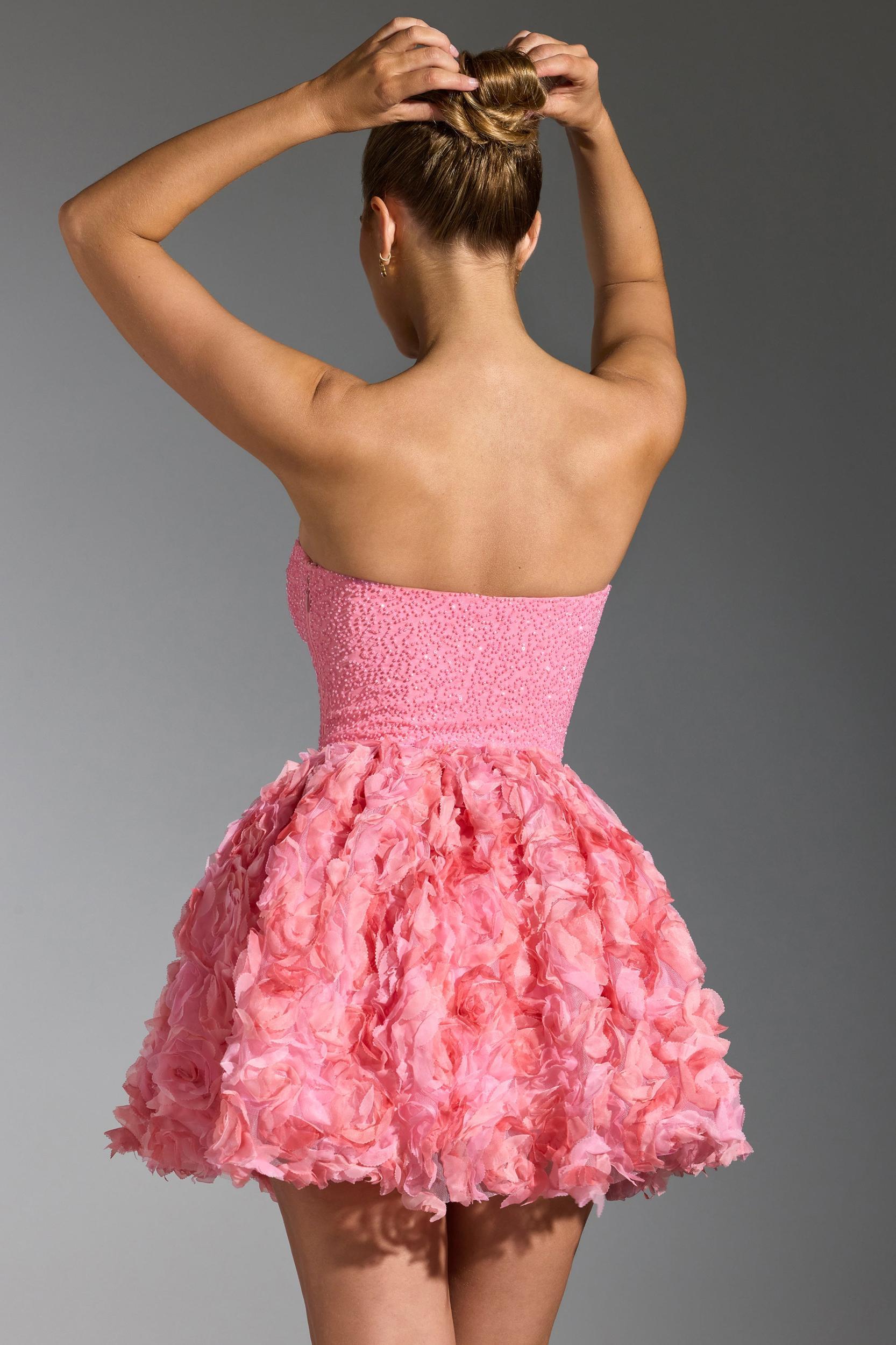 Embellished Floral-Appliqué Lace-Up Mini Dress in Pink Product Image
