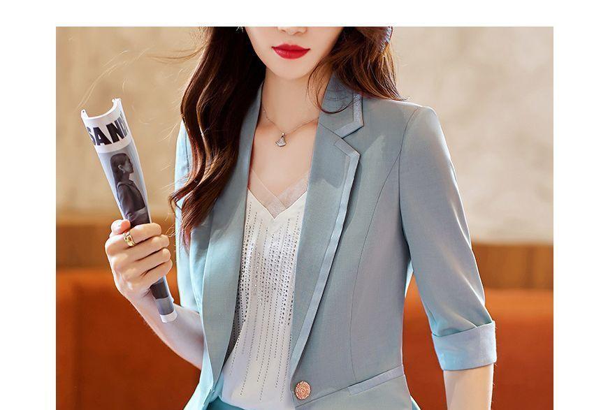 3/4-Sleeve Plain One-Buttoned Blazer / Crop Tapered Dress Pants Product Image