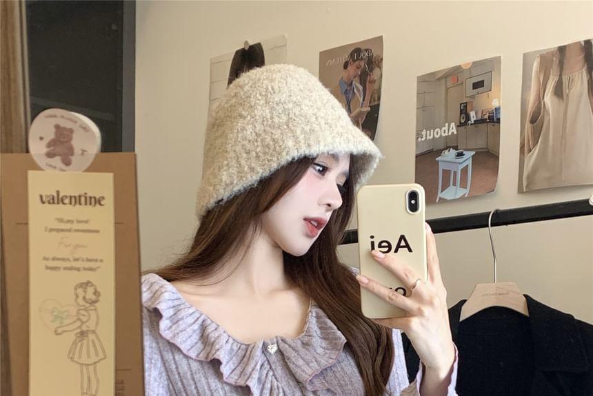Long Sleeve Crew Neck Plain Ruffle Button Ribbed Top Product Image
