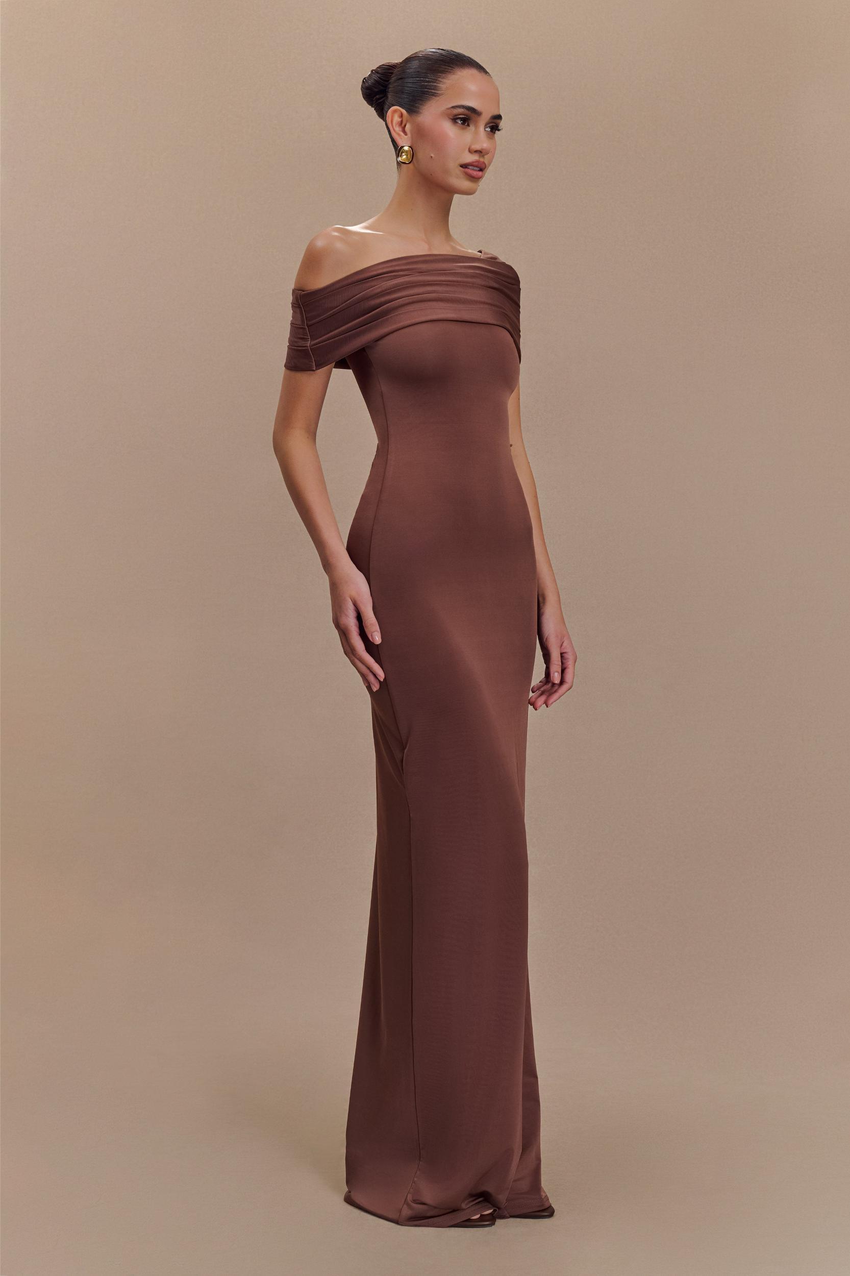 Cassandra Off Shoulder Slinky Maxi Dress - Chocolate Product Image