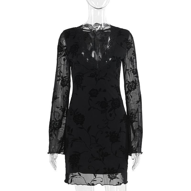 Long Sleeve V Neck Floral Lace Bodycon Mini Dress Product Image
