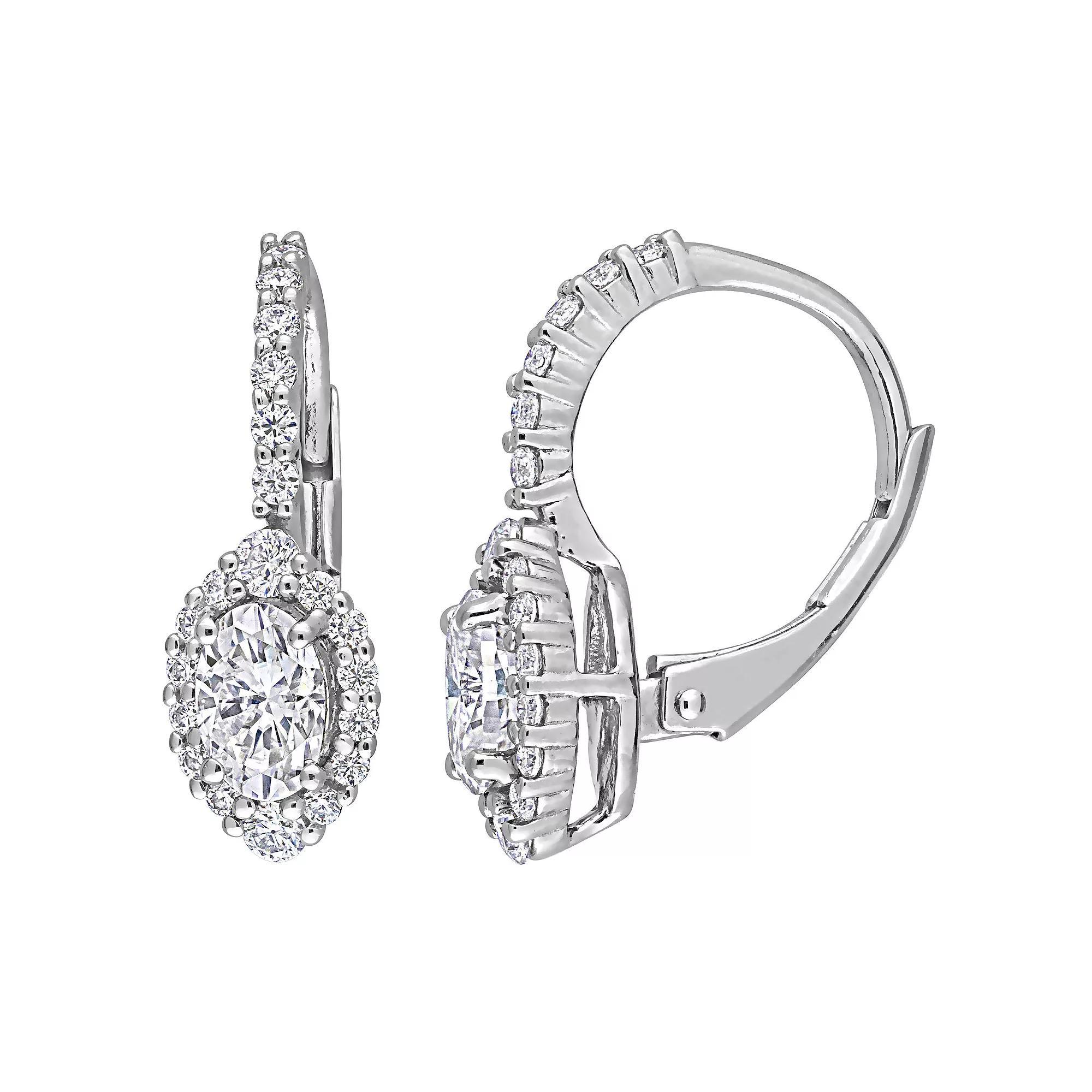 Stella Grace Sterling Silver 1 1/2 Carat T.W. Lab-Created Moissanite Oval Halo Leverback Earrings, Women's Product Image