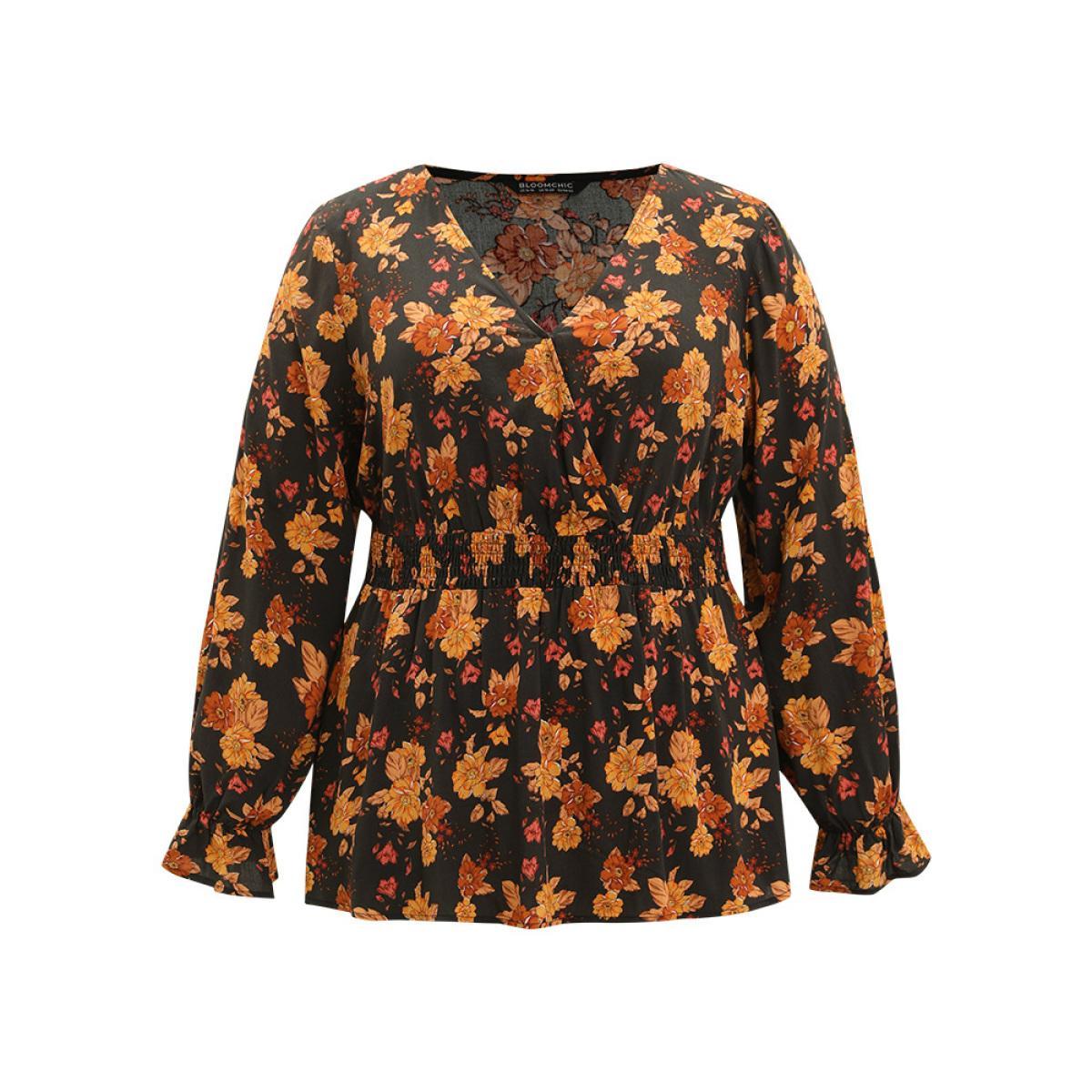Plus Size Indigo Floral Print Wrap Shirred Lantern Sleeve Blouse Women Vacation Long Sleeve V-neck Dailywear Blouses BloomChic 10/M Product Image
