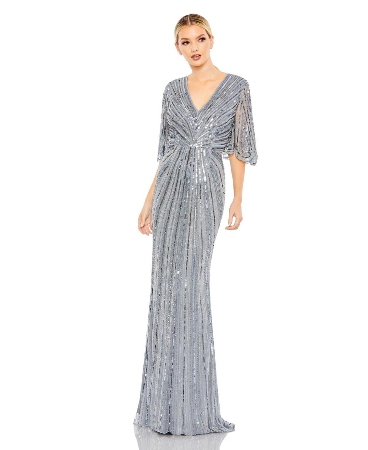 Mac Duggal Sequin Twist Waist V-Neck Flutter Short Sleeve Flutter Hem Sheath Gown Product Image