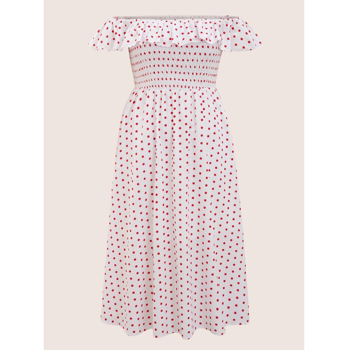 Plus Size Off Shoulder Polka Dot Shirred Ruffles Dress Originalwhite Women Elegant Shirred One-shoulder neck Short sleeve Curvy BloomChic 10/M Product Image