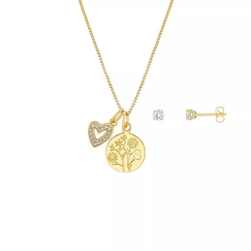 Brilliance Flash Plated Cubic Zirconia Stud Earrings and Initial Pendant Necklace Set, Women's, Size: 18", Yellow Gold Tone C Product Image