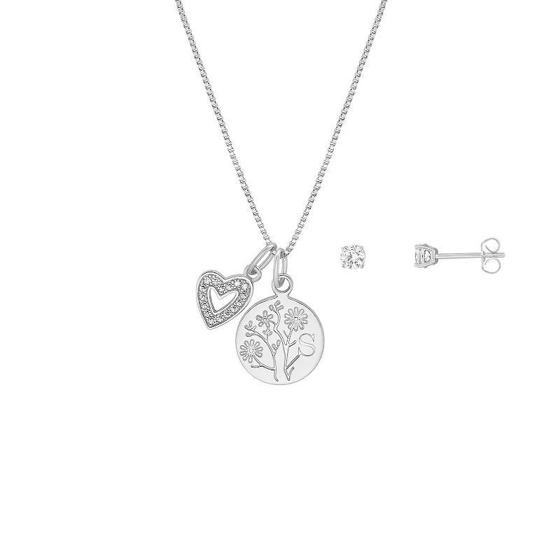Brilliance Flash Plated Cubic Zirconia Stud Earrings and Initial Pendant Necklace Set, Women's, Size: 18", Silver Tone A Product Image