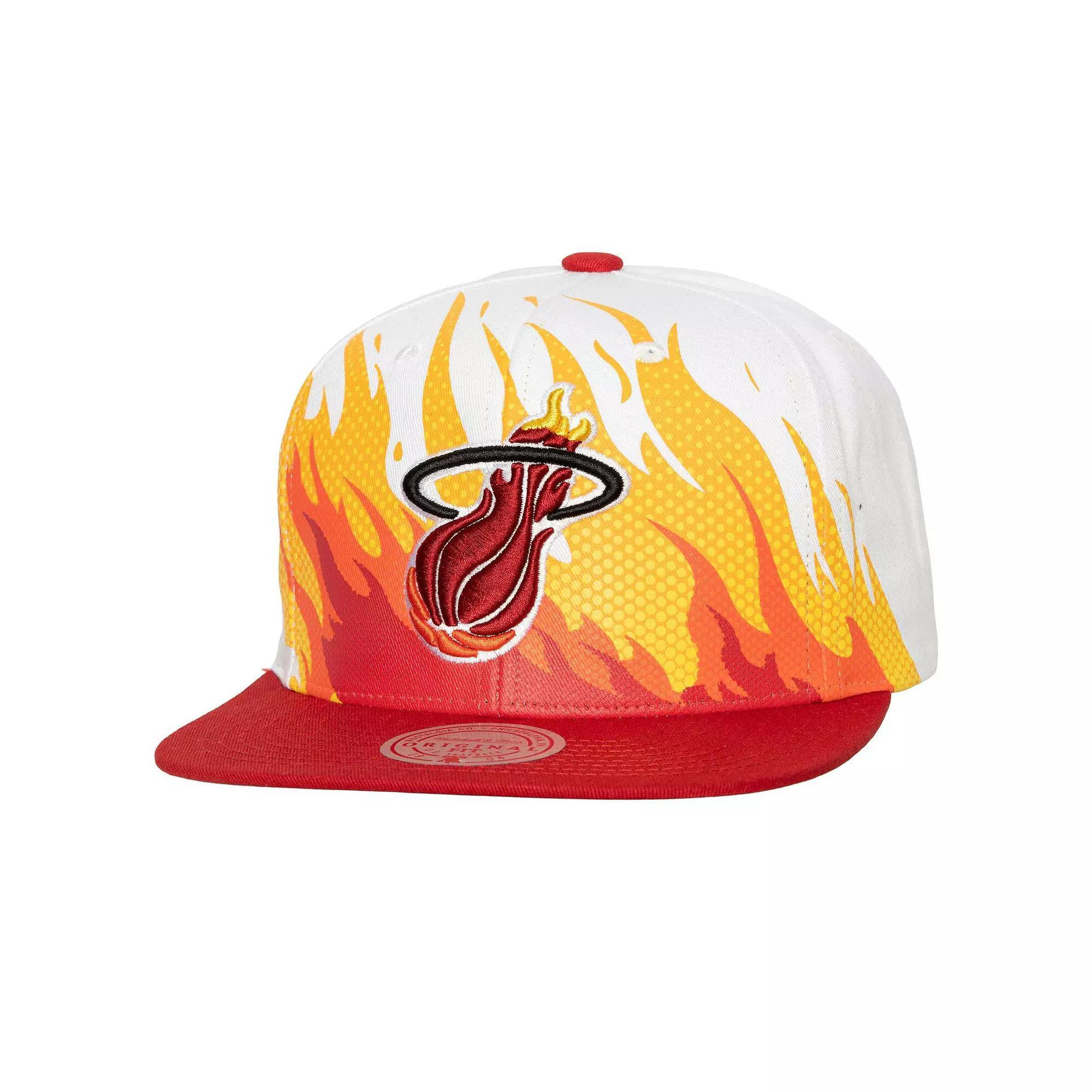 Men's Mitchell & Ness White Miami Heat Hot Fire Snapback Hat Product Image