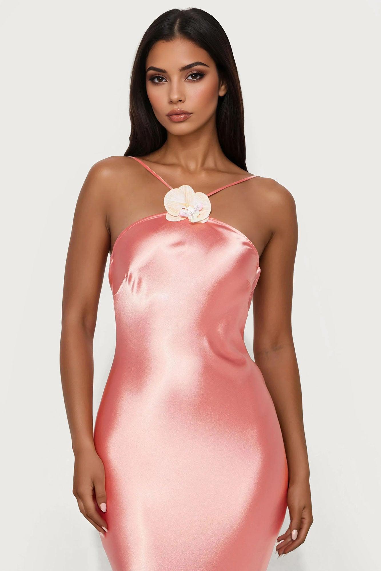 Sophie Backless Satin Maxi Dress - Coral Product Image