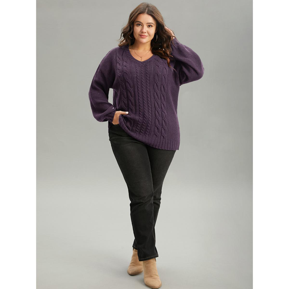 Plus Size Solid Cable Knit V Neck Elastic Cuffs Pullover Eggplant Women Casual Loose Long Sleeve V-neck Everyday Pullovers BloomChic 18-20/2X Product Image