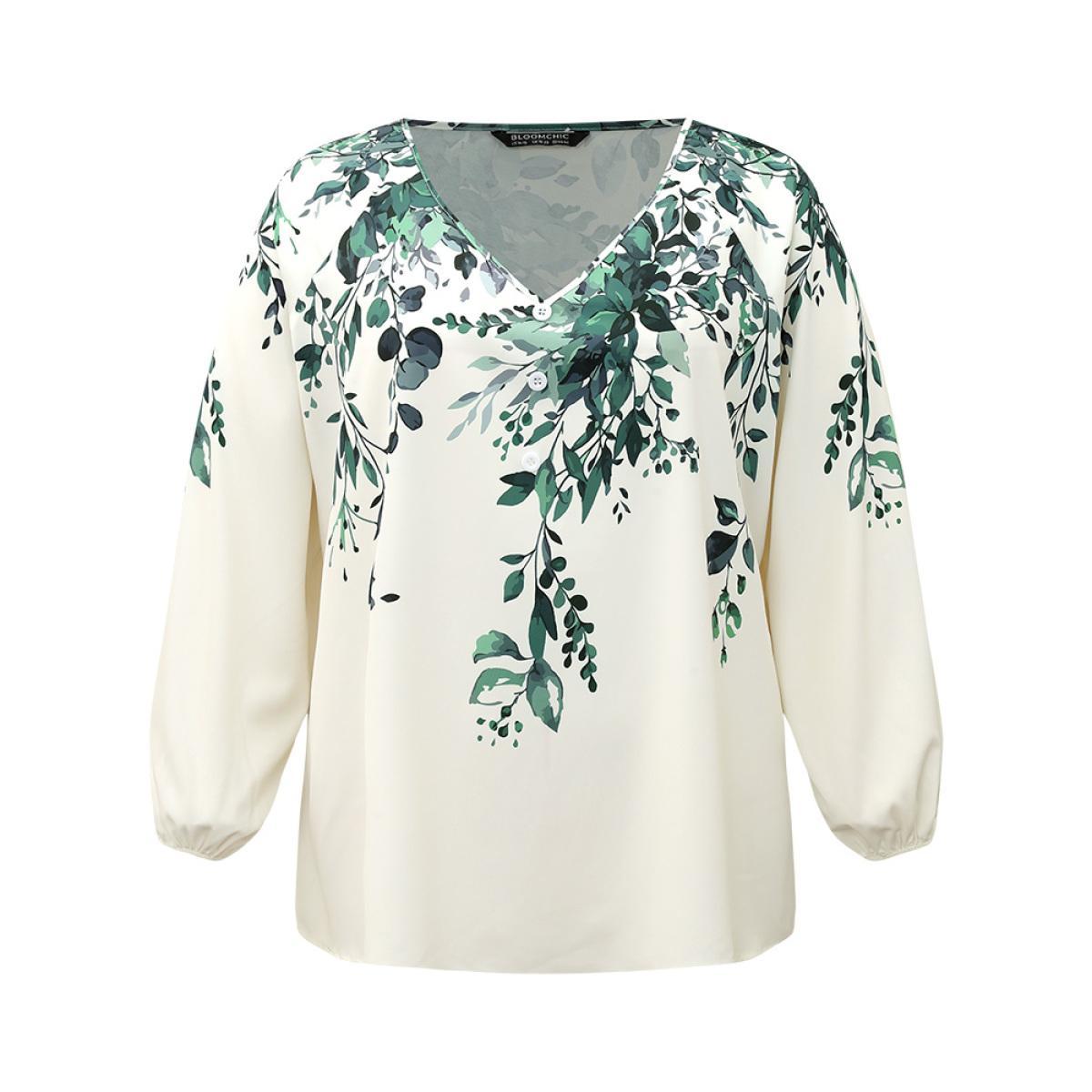 Plus Size DimGray Plants Print Lantern Sleeve Button Detail Blouse Women Vacation Long Sleeve V-neck Dailywear Blouses BloomChic 28/5X Product Image