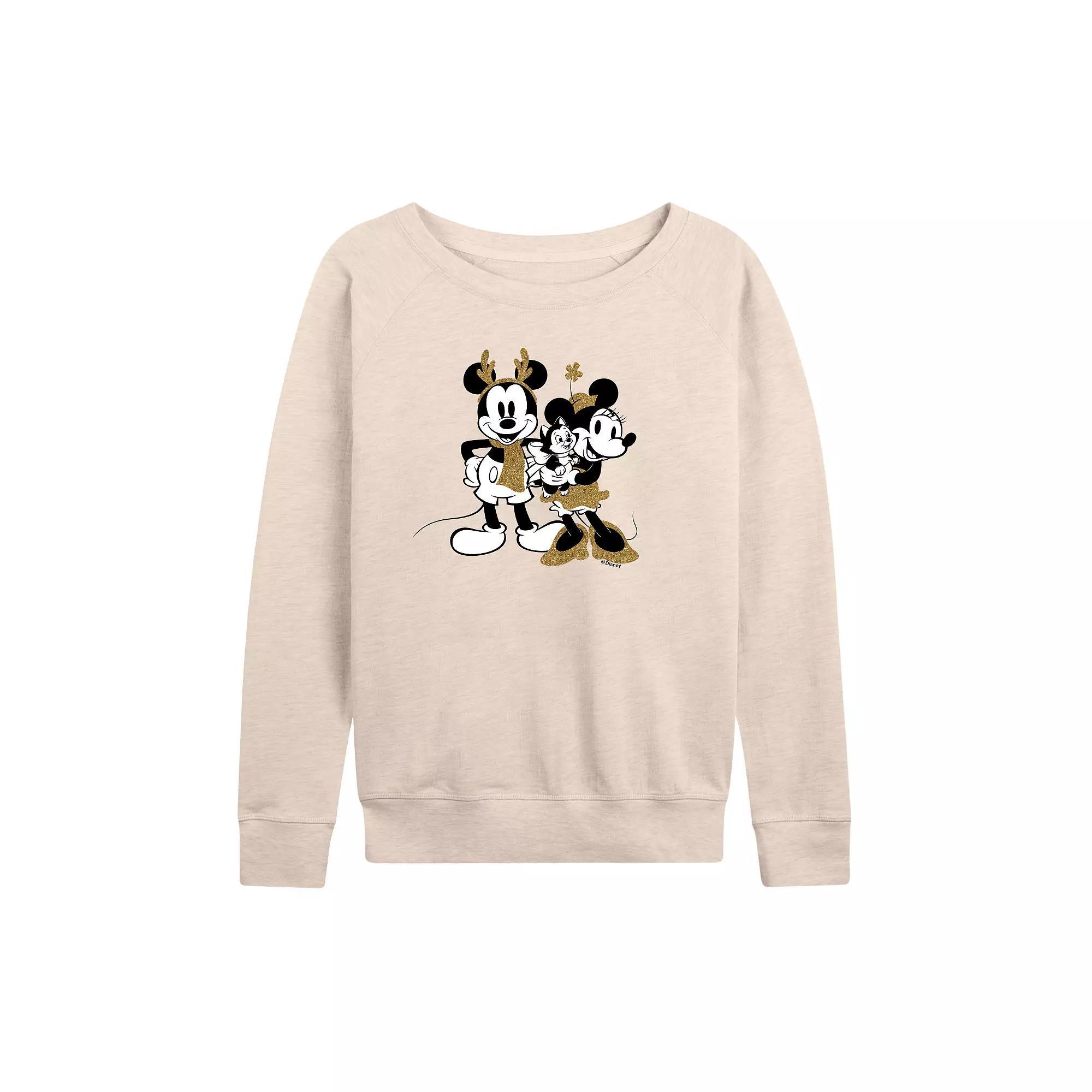 Disney's Mickey and Minnie Mouse Women's Sparkle French Terry Long Sleeve Tee, Size: XL, Beige Product Image
