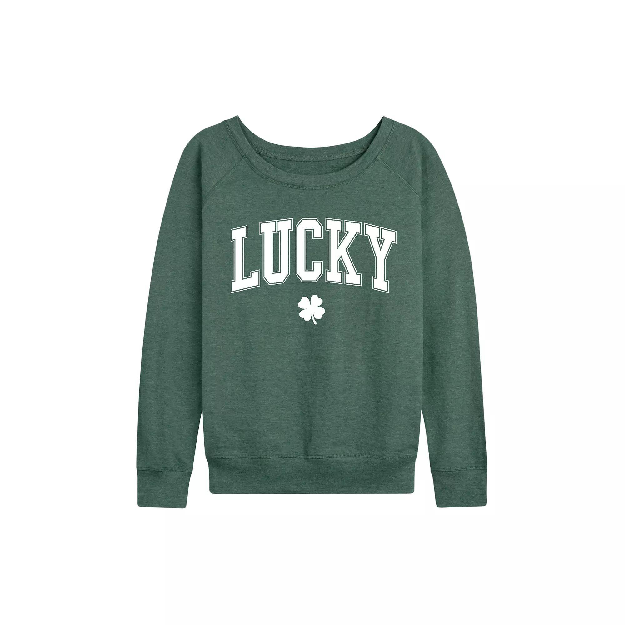 Womens Collegiate Lucky French Terry Long Sleeve Tee Grey Green Product Image