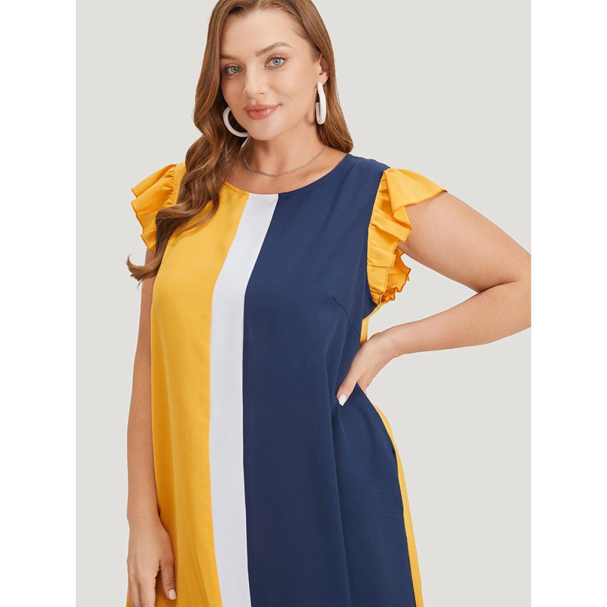 Plus Size Contrast Patchwork Pocket Ruffle Cap Sleeve Dress Multicolor Women Office Contrast Round Neck Cap Sleeve Curvy Knee Dress BloomChic 12/L Product Image