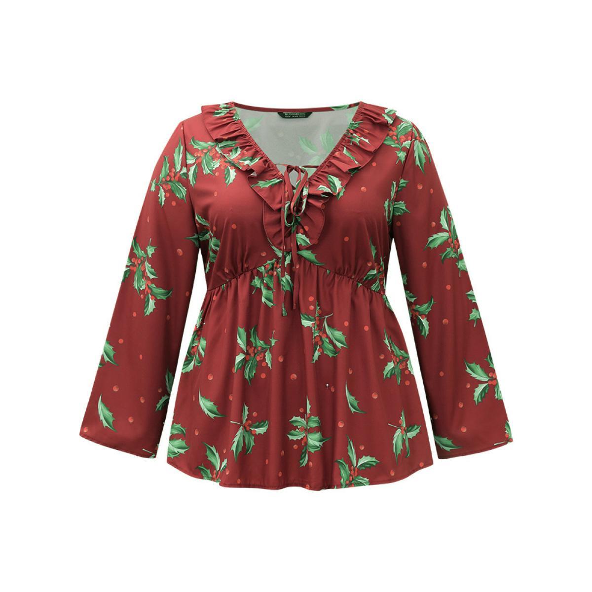 Plus Size Scarlet Plants Print Knot Neck Flutter Trim Blouse Women Elegant Long Sleeve V-neck Festival-Christmas Blouses BloomChic 10/M Product Image