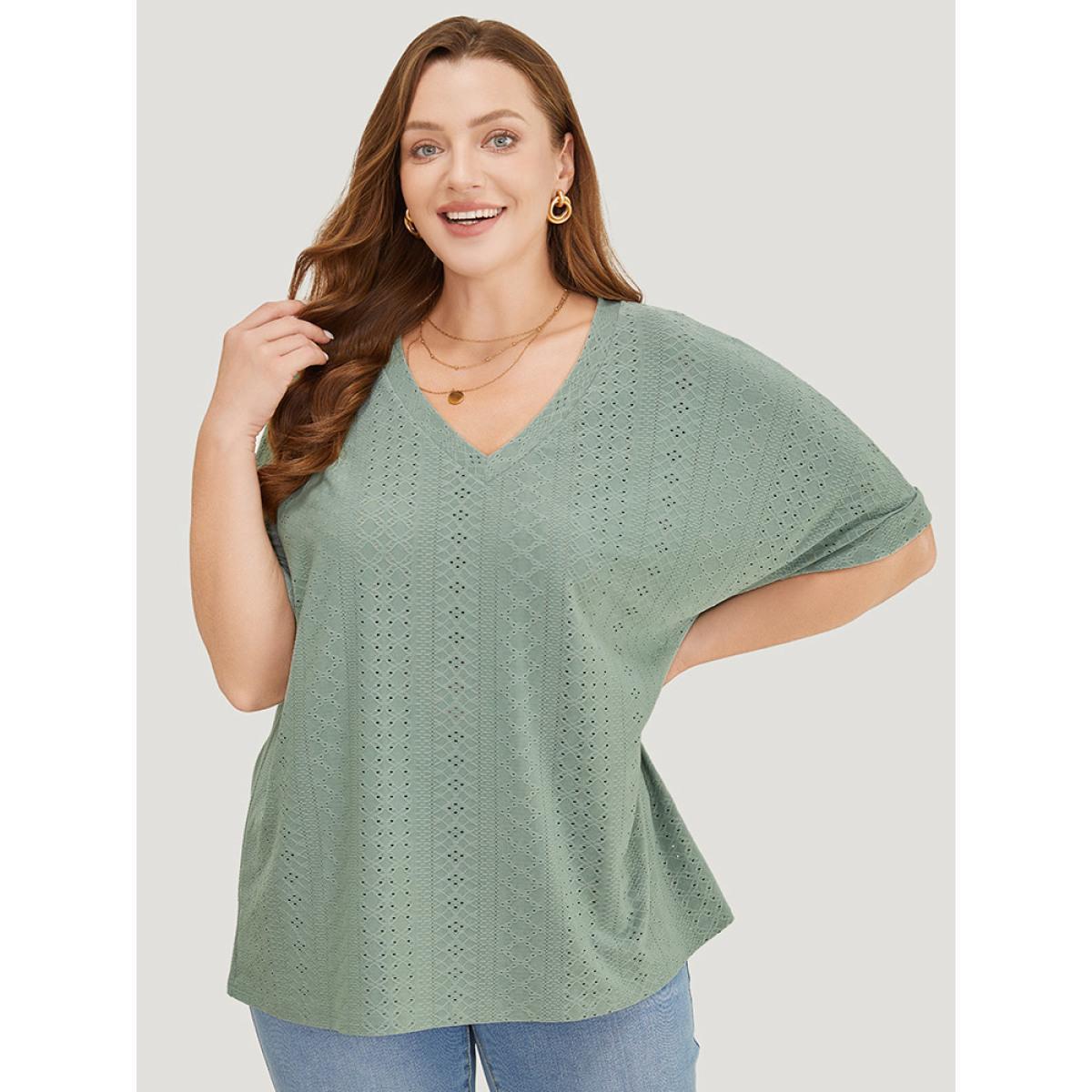 Plus Size Plain Roll Sleeve Broderie Anglaise T-shirt Sage Women Casual Broderie anglaise Plain V-neck Dailywear T-shirts BloomChic 12/L Product Image