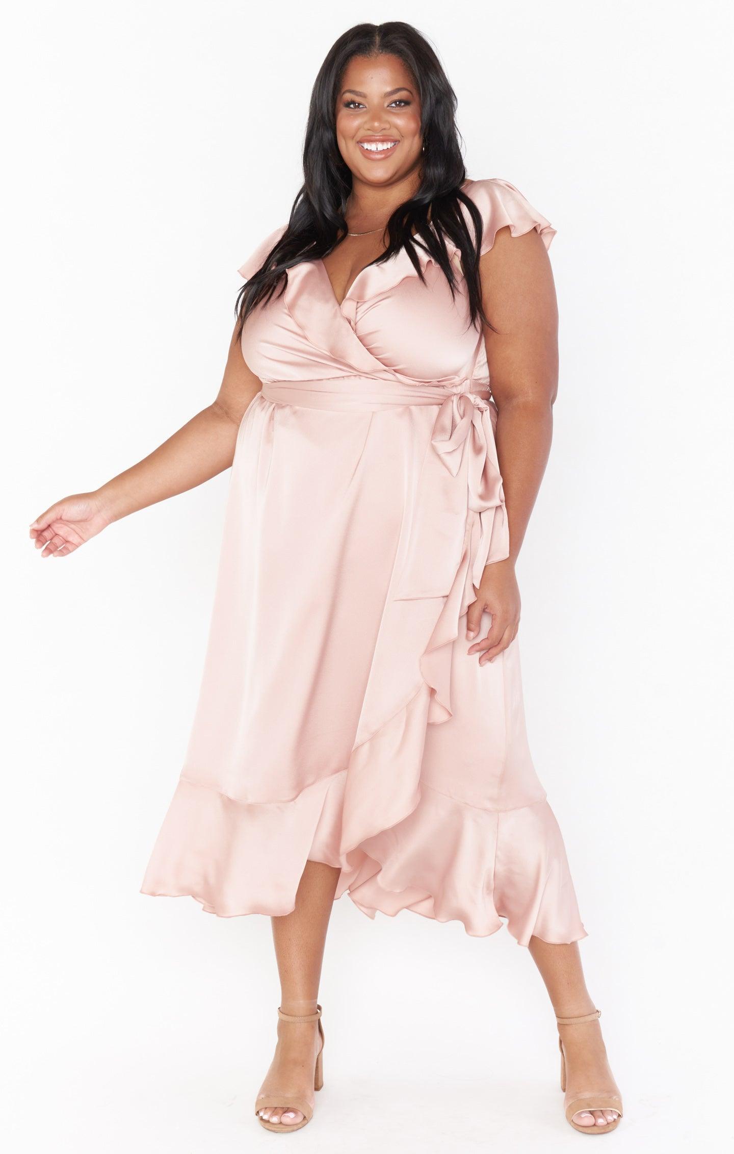 Samantha Ruffle Wrap Dress ~ Rose Gold Luxe Satin Product Image