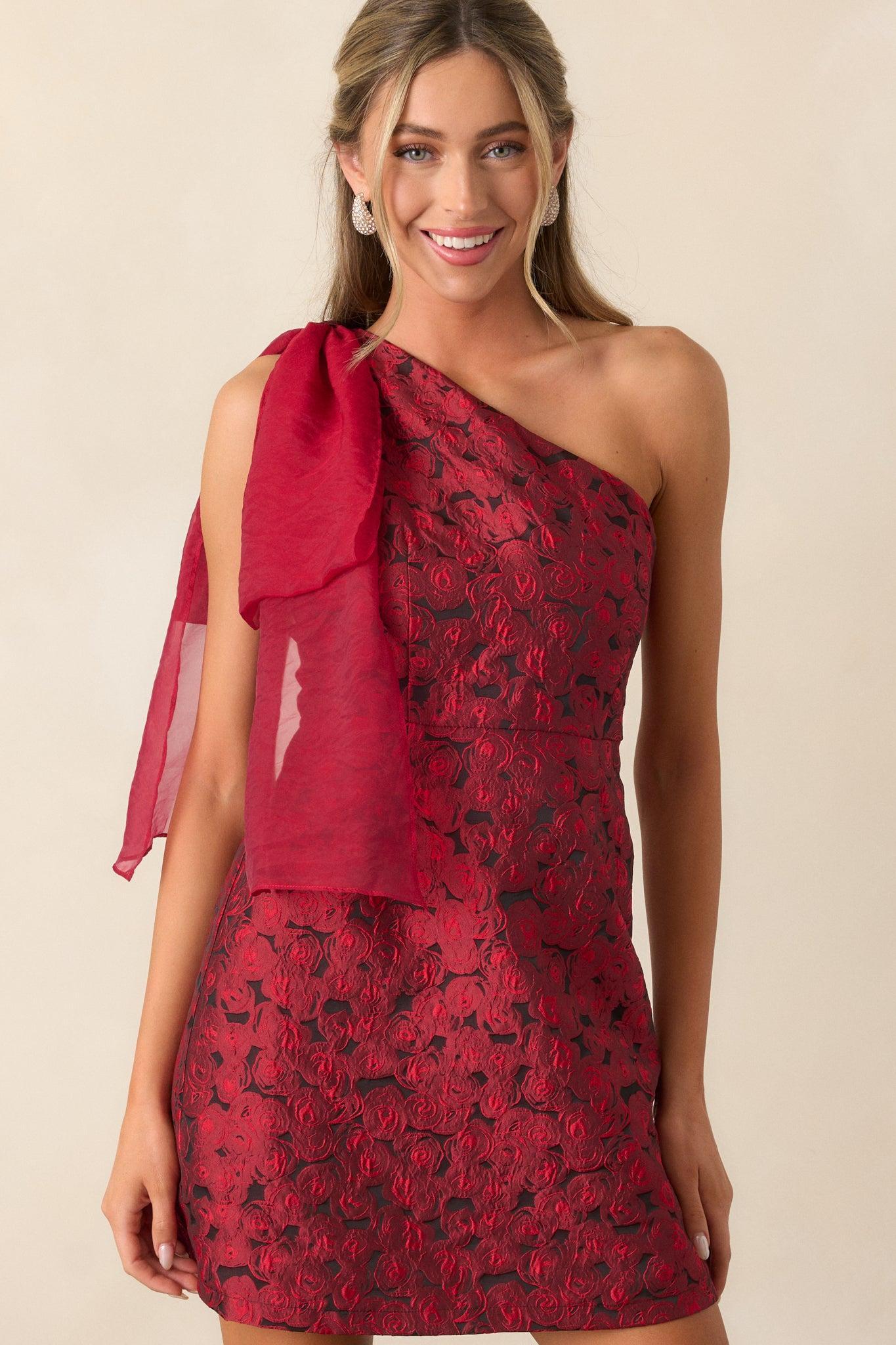 Taste Of Perfection Red Floral Jacquard One Shoulder Mini Dress Product Image