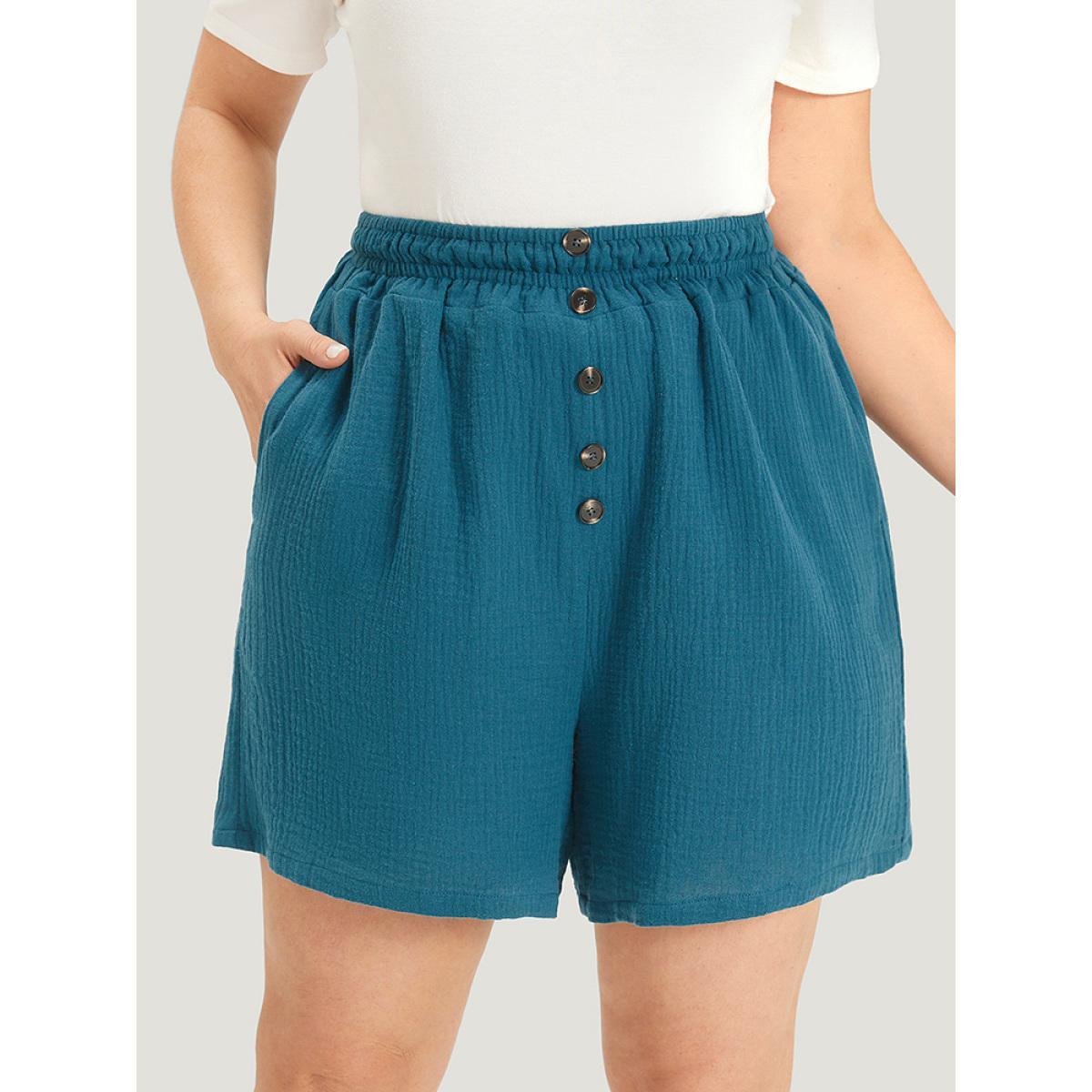 Plus Size Plain Shirred Pocket Button Detail Shorts Women Cyan Casual Texture Dailywear Shorts BloomChic 10/M Product Image