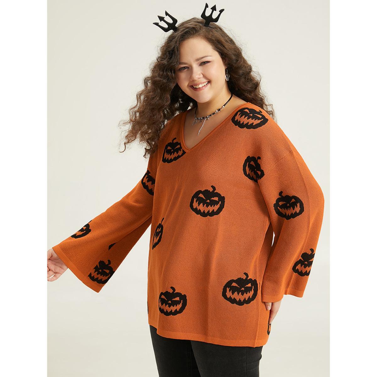 Plus Size Halloween V Neck Bell Sleeve Pullover Chocolate Women Casual Loose Long Sleeve V-neck Dailywear Pullovers BloomChic 12/L Product Image
