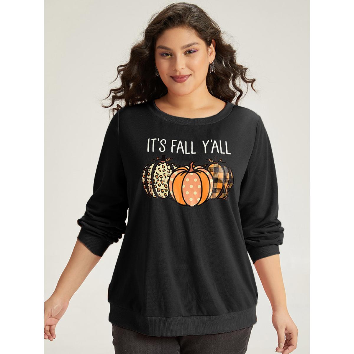 Plus Size Halloween Pumpkin Crew Neck Elastic Cuffs Sweatshirt Women Black Casual Elastic cuffs Festival-Halloween Sweatshirts BloomChic 30/6X Product Image