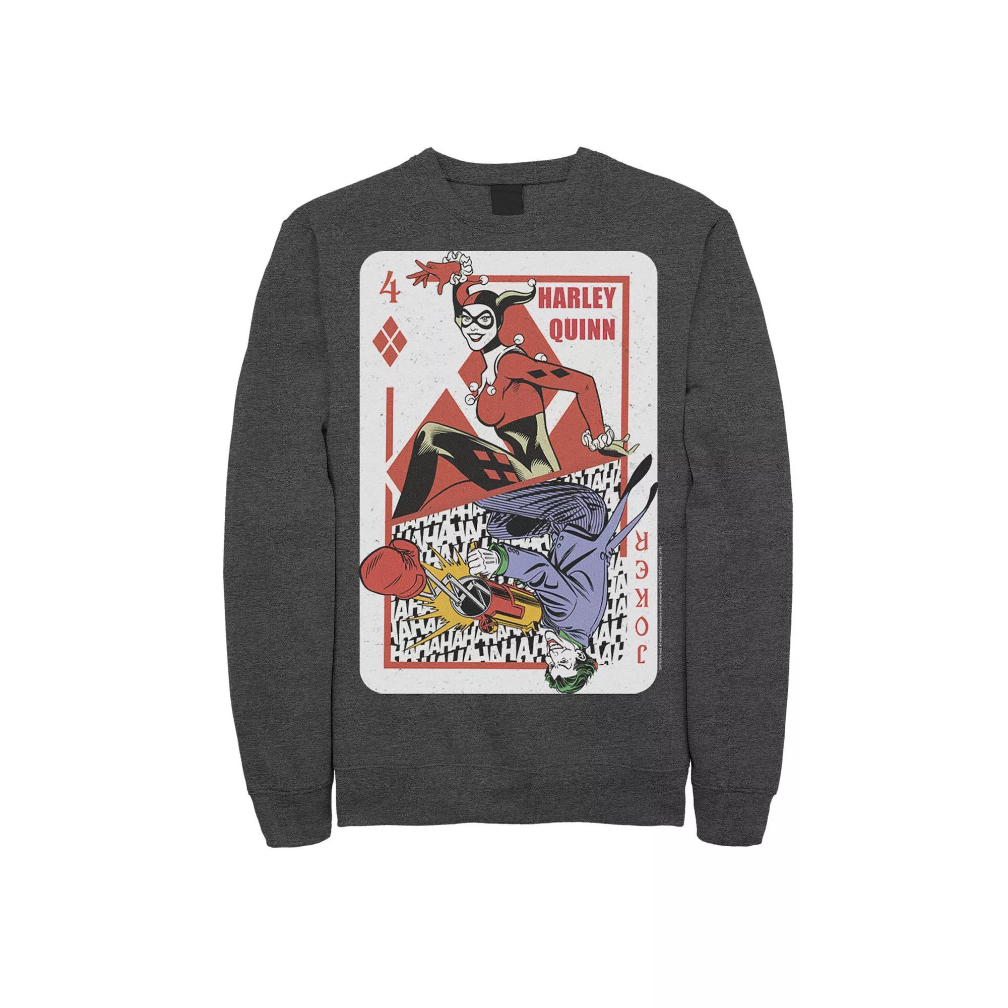 Mens DC Comics Harley Quinn Joker Playing Card Sweatshirt, Men's, Size: Large, Grey Heather Product Image
