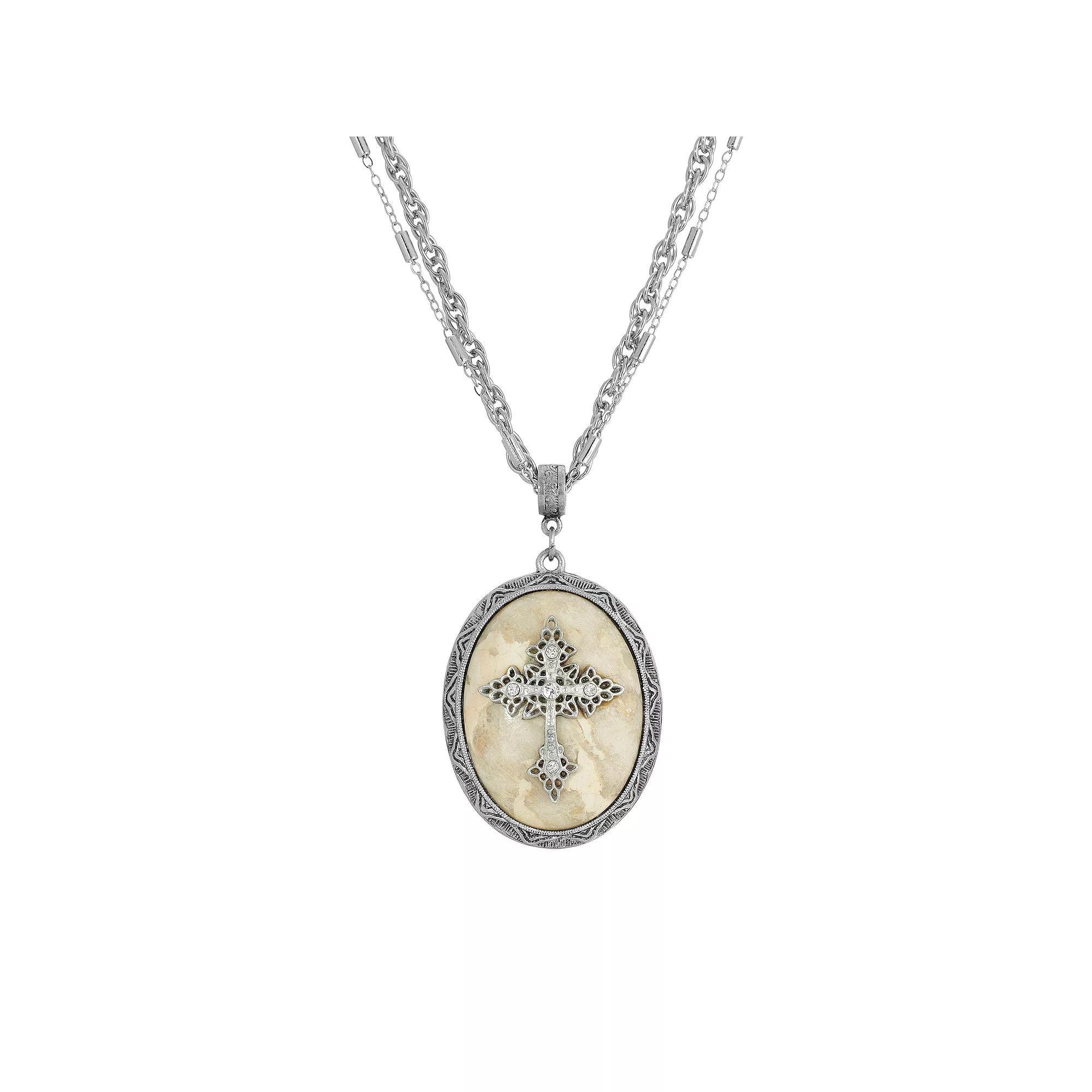 Symbols Of Faith Silver Tone Crystal Cross Cameo Double-Strand Pendant Necklace, Womens, Beige Product Image